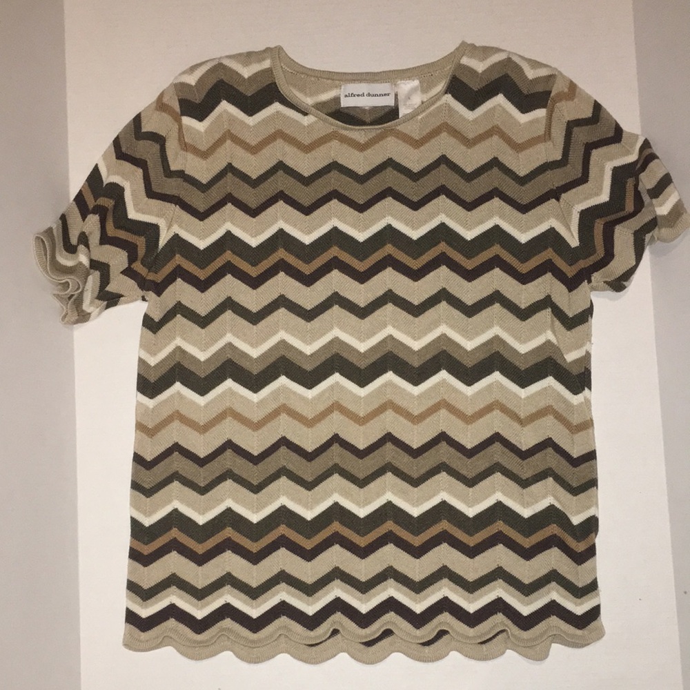 Alfred Dunner Chevron Knit Short Sleeve Top - Neutral Stripes | size L